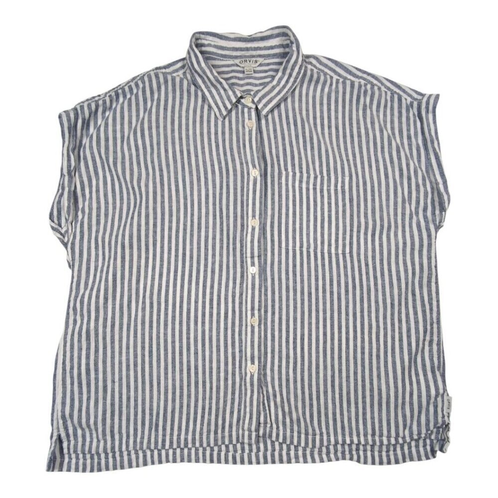 Orvis Linen Blend Womens XL Shirt Blue Striped Coastal Nautical Boat Beach